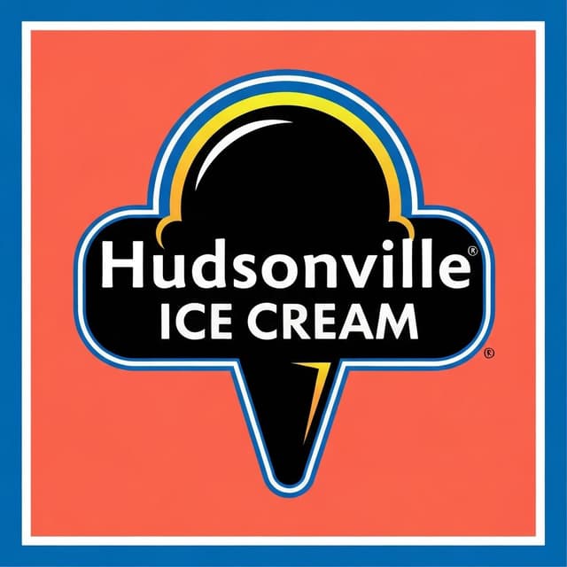 Hudsonville Ice Cream - Stylized ice cream cone logo with black scoop outlined in coral and blue